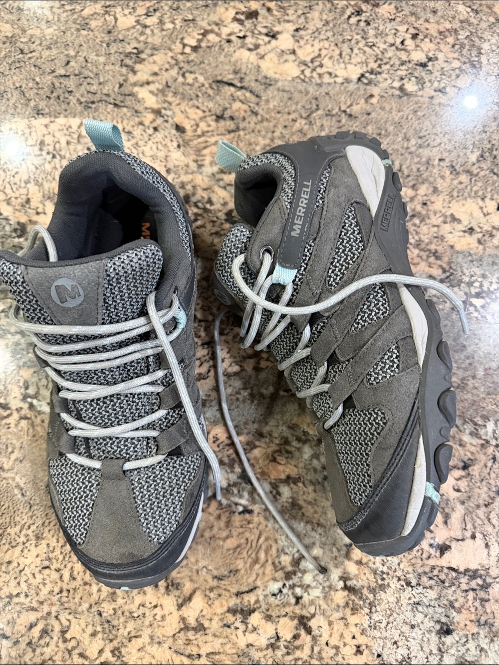 Merrell Women’s Gray and Light Aqua Mesh Suede Sneakers